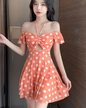 Puff sleeve France style polka dot chiffon dress