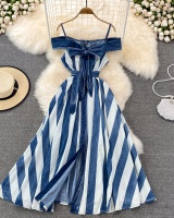 Flat shoulder Korean style summer long dress sling denim dress