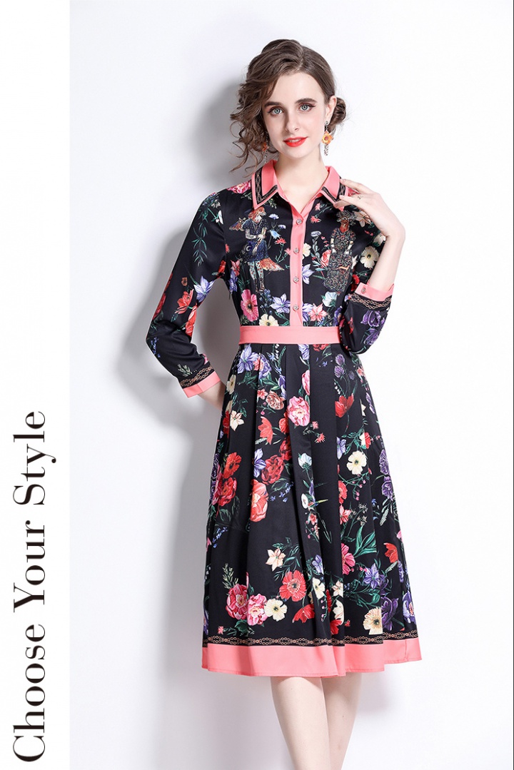 Pleated printing long dress colors shirt for women