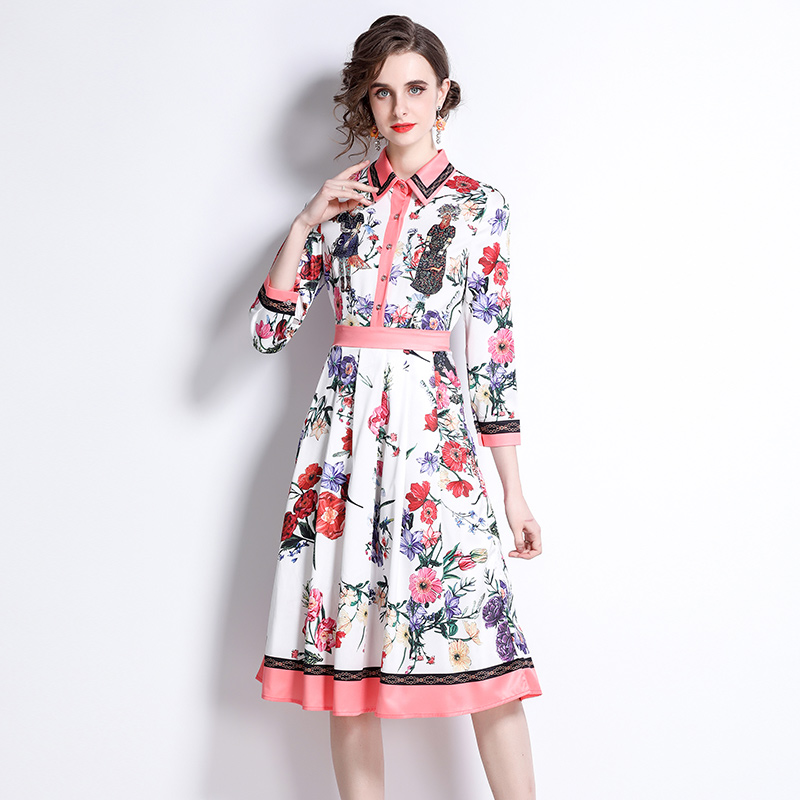 Colors pleated shirt printing party long dress