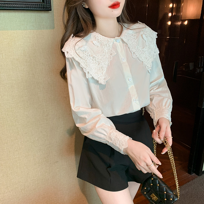 Splice doll collar tops long sleeve shirt for women