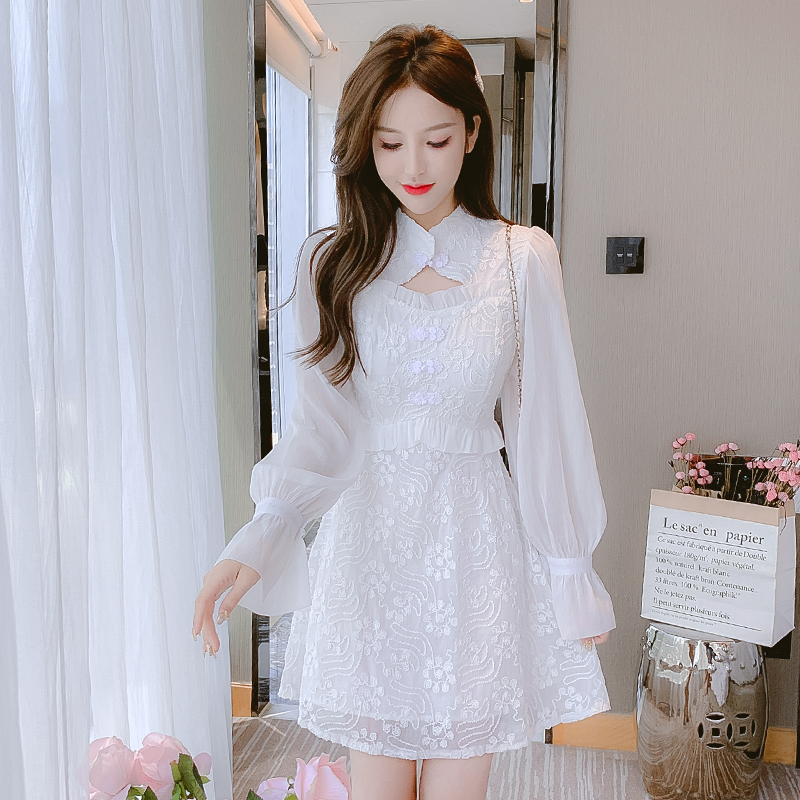 Puff sleeve spring cheongsam lace dress for women