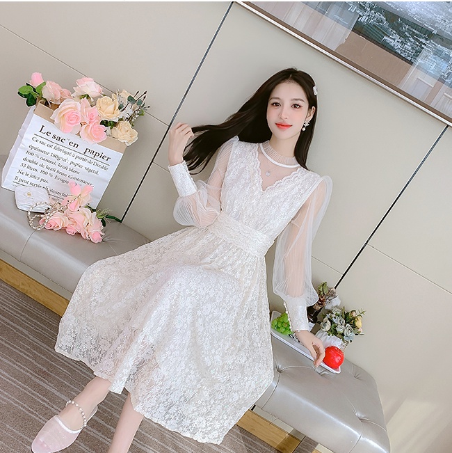 Long sleeve lady flowers lace sequins gauze spring dress