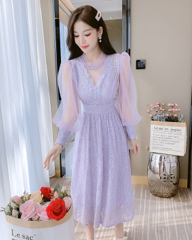Long sleeve lady flowers lace sequins gauze spring dress