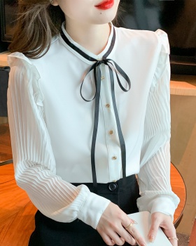 White temperament shirt bow creased tops for women
