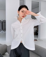 White lazy tops long sleeve arc hem shirt for women