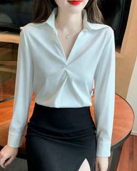 Spring V-neck satin tops white unique shirt for women