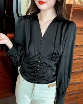 V-neck long sleeve shirt Korean style tops for women