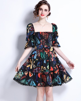 Printing square collar summer dress for women