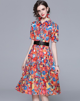 Fashion printing big skirt pinched waist slim lapel dress
