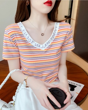 Short mixed colors tops stripe short sleeve T-shirt for women