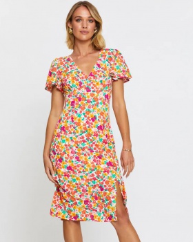 Zip split spring short sleeve splice printing dress