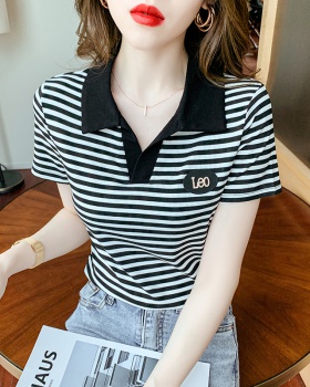 Doll lapel fashion T-shirt stripe tops for women