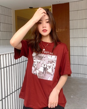 All-match printing retro pure cotton T-shirt for women