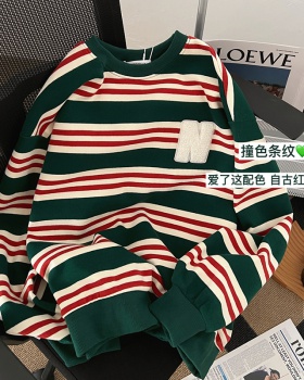 Pure cotton stripe hoodie retro tops for women