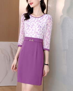 Purple Pseudo-two summer floral pinched waist chiffon dress