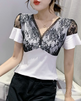 Strapless lace tops splice V-neck small shirt for women