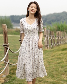 Floral slim clavicle pinched waist dress for women