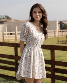 France style tender slim clavicle floral chiffon dress
