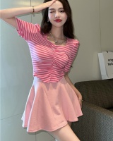 Stripe short sleeve skirt high waist sweater 2pcs set