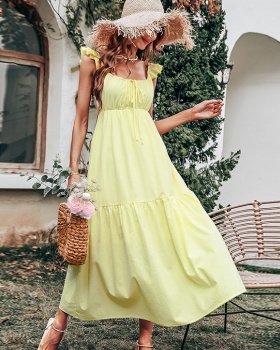 Long high waist dress yellow strap dress for women