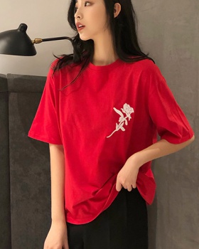 Embroidery Casual loose rose Korean style T-shirt for women
