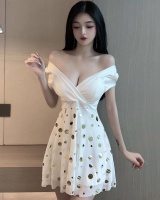 Splice short sleeve gauze low-cut sexy printing dress