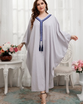 Tassels bat sleeve embroidery cotton loose gray stripe dress