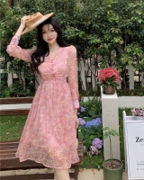 Temperament floral pinched waist pink V-neck dress for women