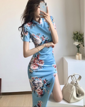 Light short sleeve printing dress split slim cheongsam