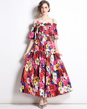 Printing flat shoulder rose retro dress for women
