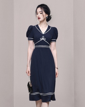 Temperament V-neck navy style high waist dress for women