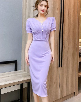 V-neck package hip fashion long single-breasted dress
