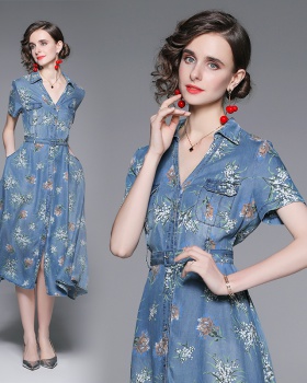 Slim denim summer frenum printing dress for women