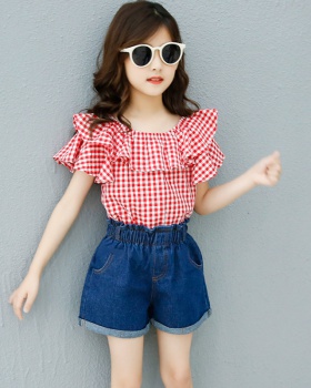 Big child summer girl plaid denim short sleeve shorts 2pcs set