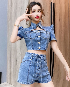 Denim single-breasted tops hollow shorts a set