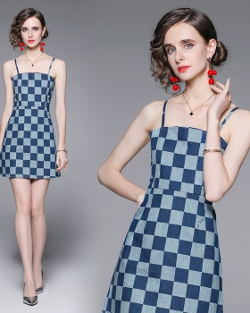 Fashion chessboard denim summer dress for women