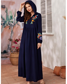 Long sleeve hooded robe blue embroidery long dress