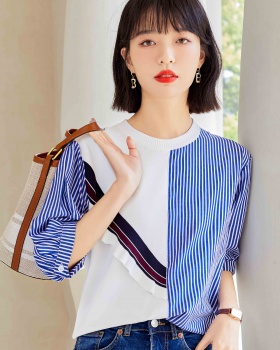 Slim blue-white lantern sleeve shirt stripe summer tops