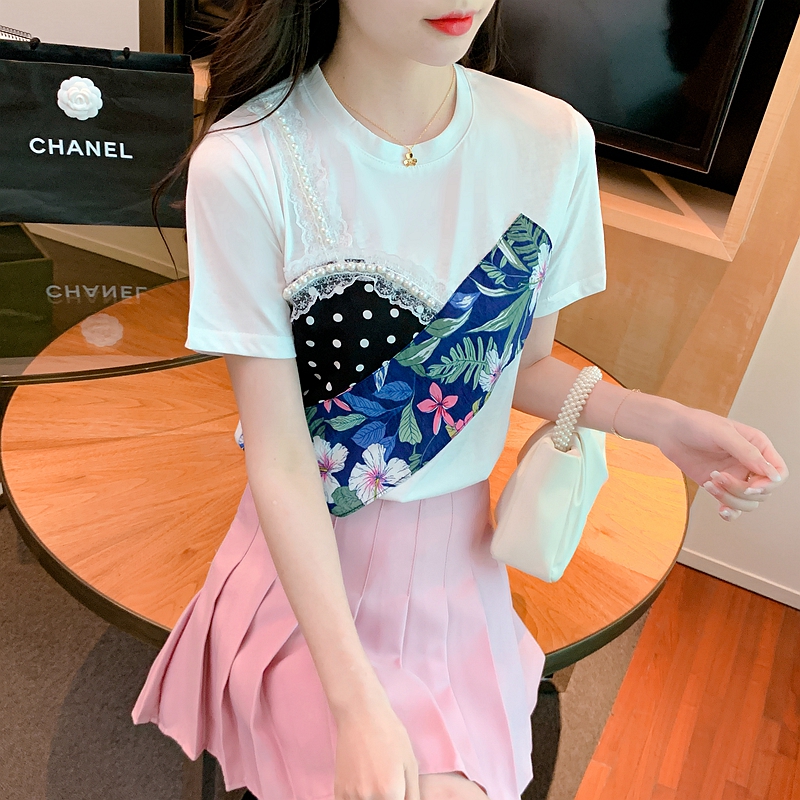 Printing loose T-shirt Korean style splice tops for women