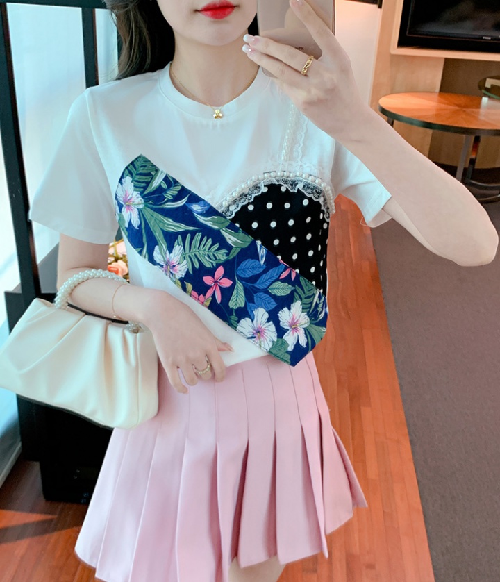 Printing loose T-shirt Korean style splice tops for women
