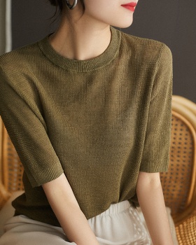 Concise weave flax knitted hollow pure tops