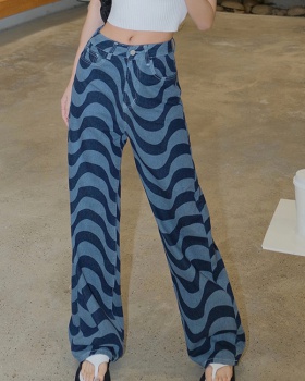 Waves pattern slim wide leg pants blue jeans for women