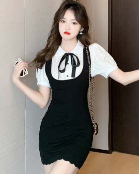 Black-white spring Pseudo-two bow dress for women