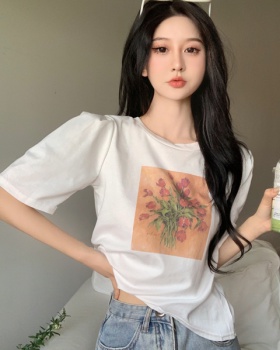 Puff sleeve bow T-shirt white tops