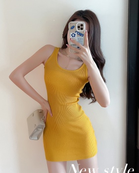 Knitted sexy slim dress U-neck package hip T-back