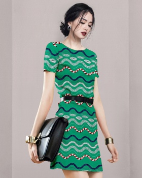 Pinched waist autumn package hip printing dress