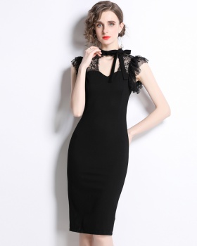 Black cotton lace package hip rome sexy dress
