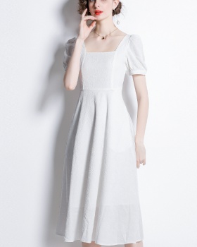 White France style long dress jacquard puff sleeve dress