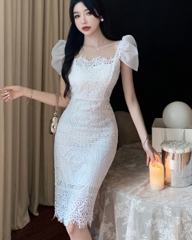 Puff sleeve tender formal dress square collar lace dress
